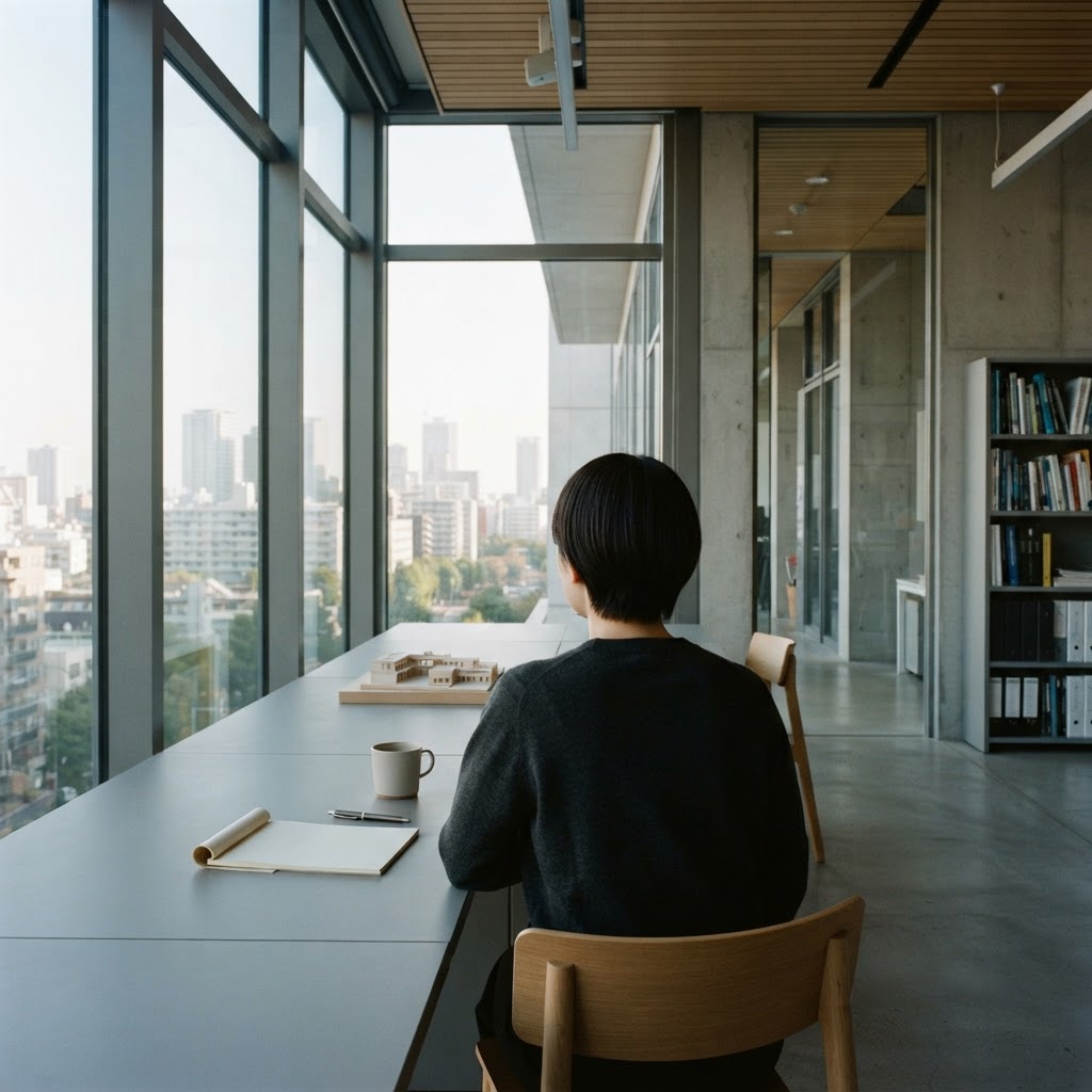 Professional working in a minimalist engineering studio