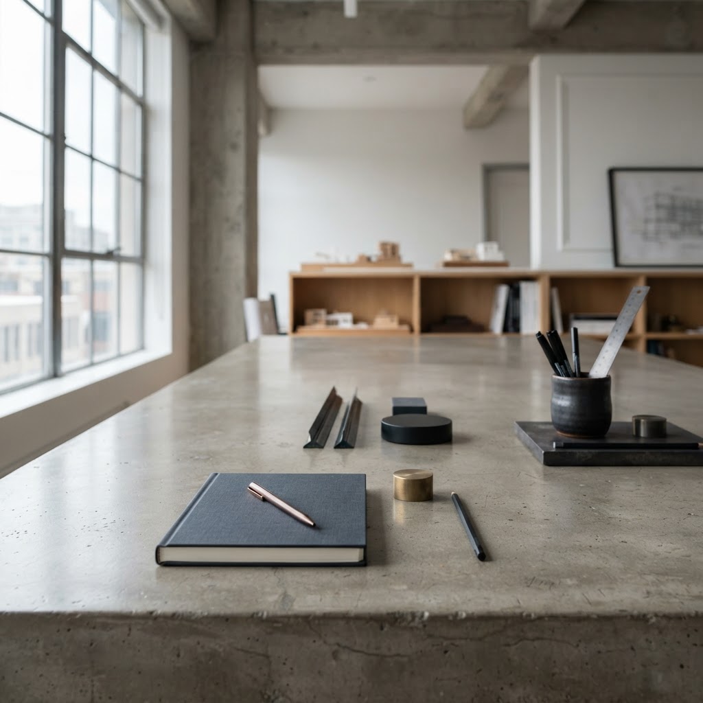 Orderly minimalist studio workspace with drafting supplies