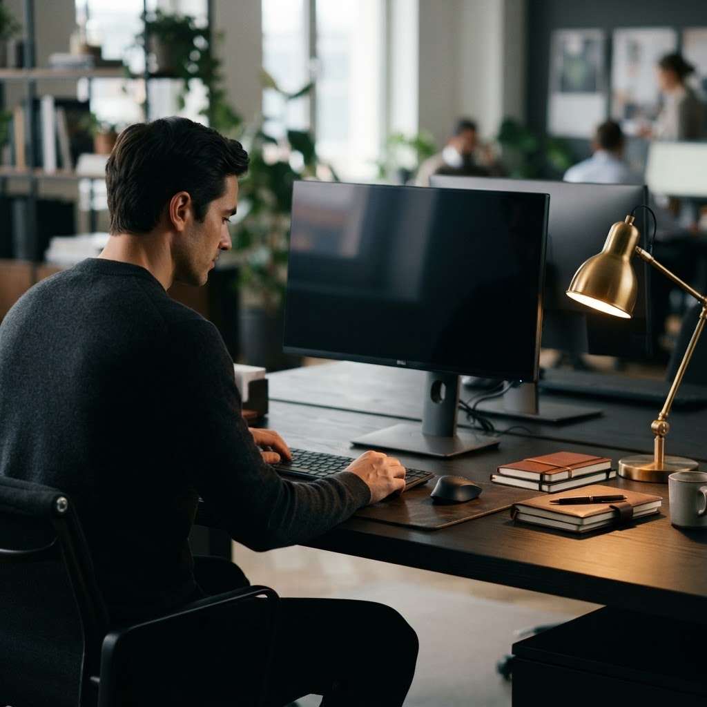 A focused professional at a clean desk with a powered-off monitor and warm ambient lighting