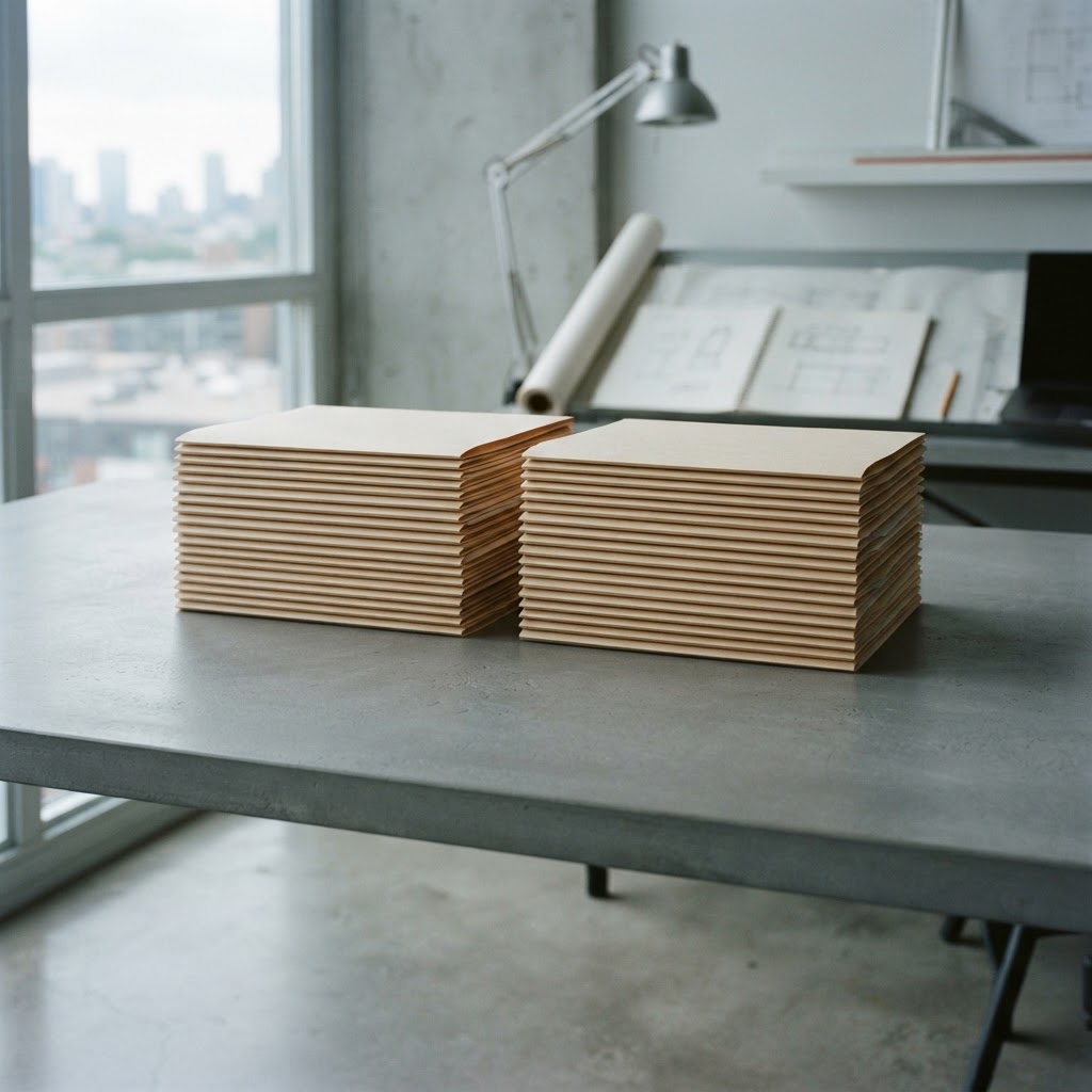 Two stacks of blank manila folders on a modern gray architectural table