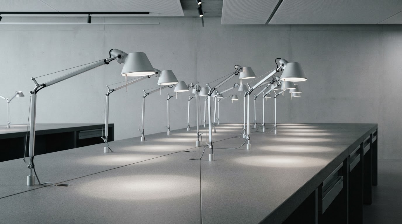 A row of desk lamps illuminating a clean workbench