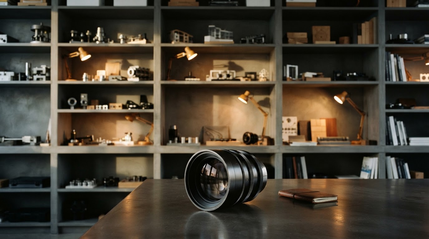An industrial glass lens on a desk surface
