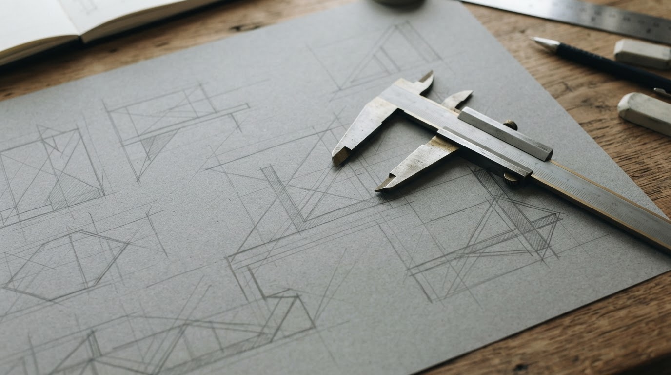 Engineering blueprints and drafting tools on a desk