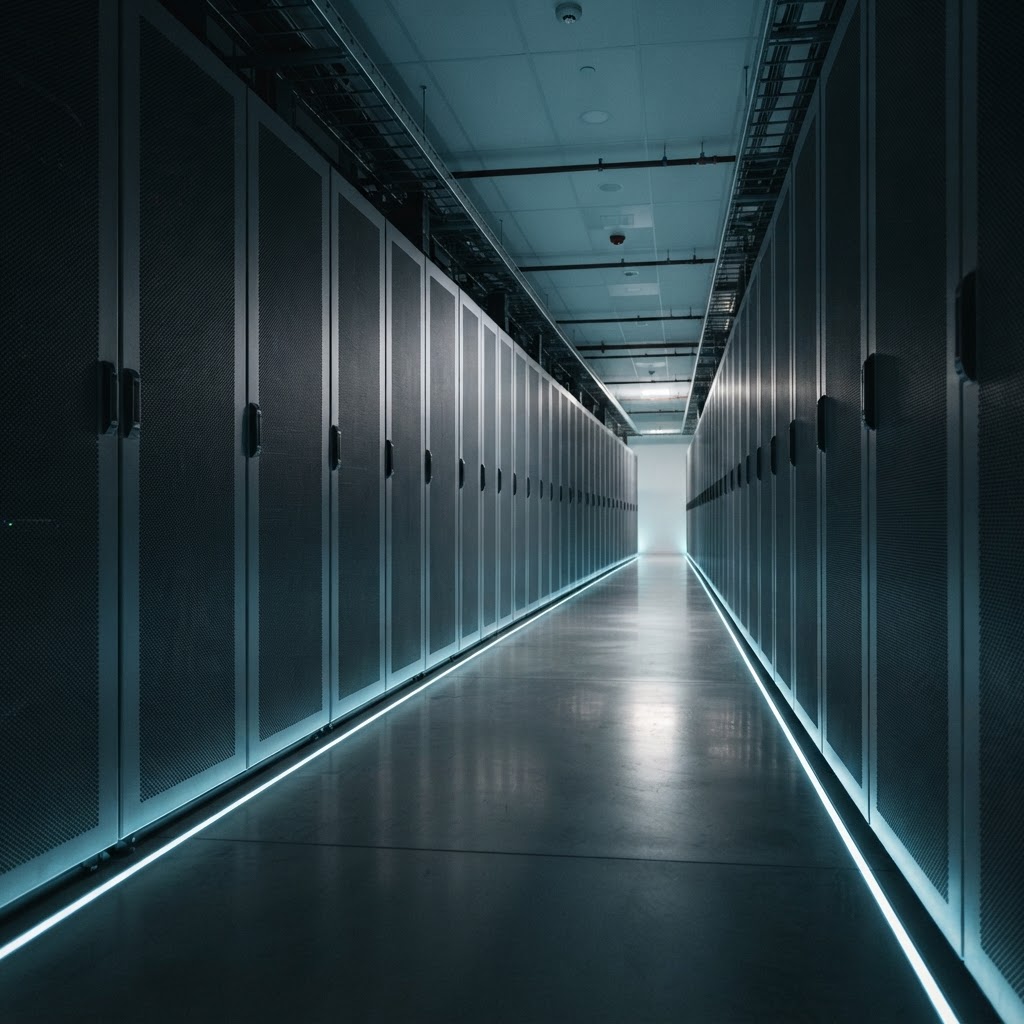 A wide shot of orderly industrial server cabinets in a professional setting