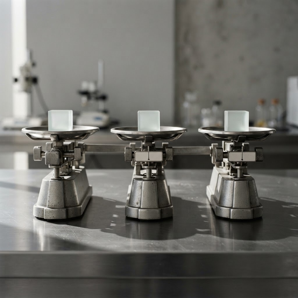 Industrial scales measuring frosted glass blocks on a metal surface