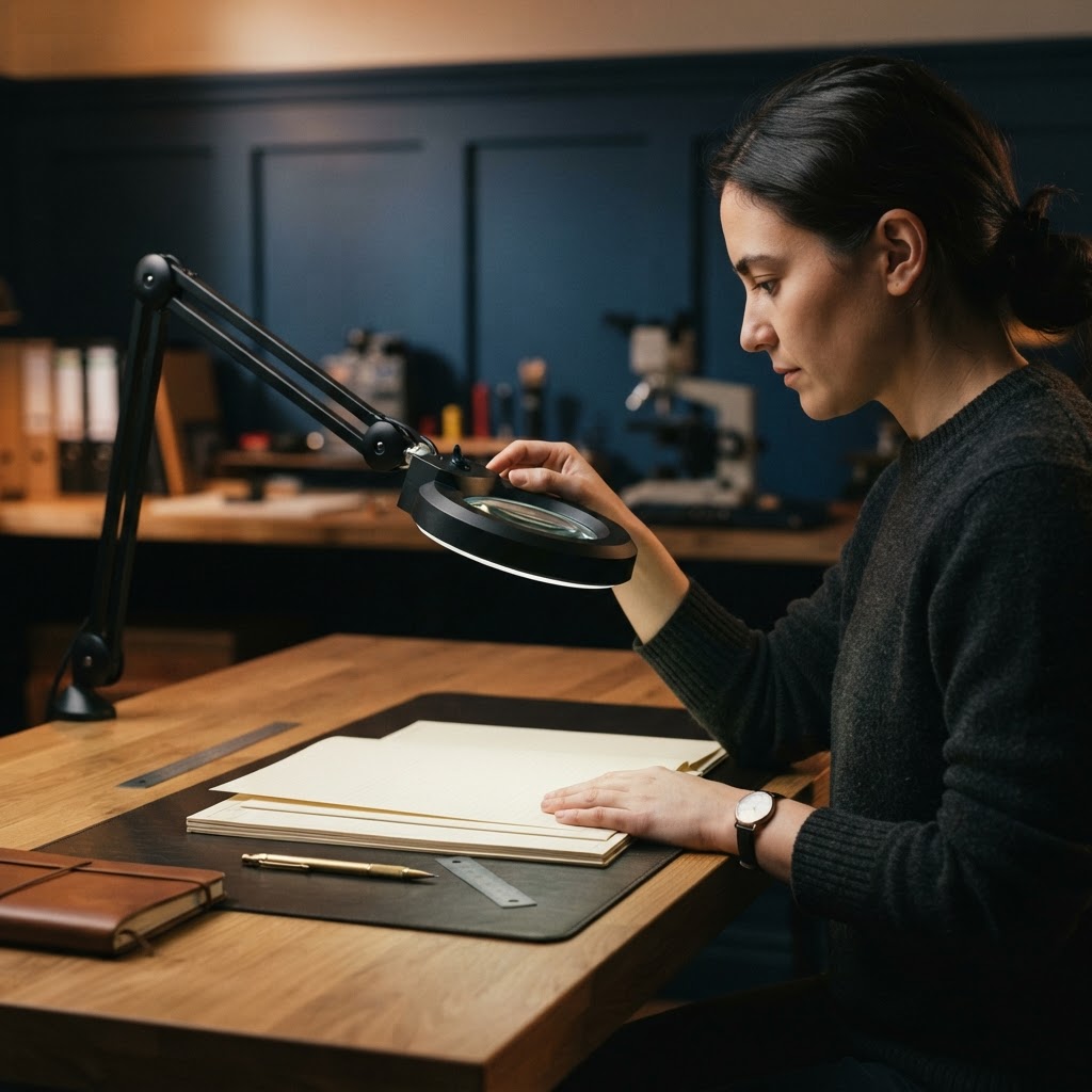 Professional hands examining technical documents with a magnifying glass
