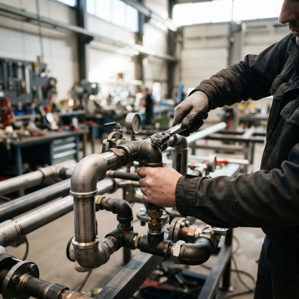 Close up of hands assembling modular industrial piping