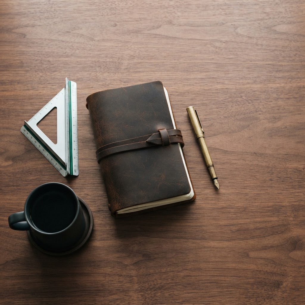 Professional workspace with notebook and technical tools