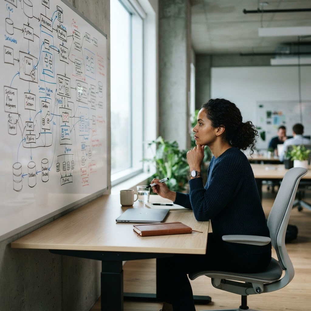Data engineer planning system architecture on a whiteboard