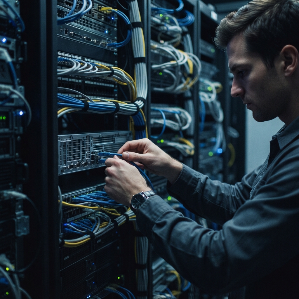 Professional engineer managing physical hardware connections