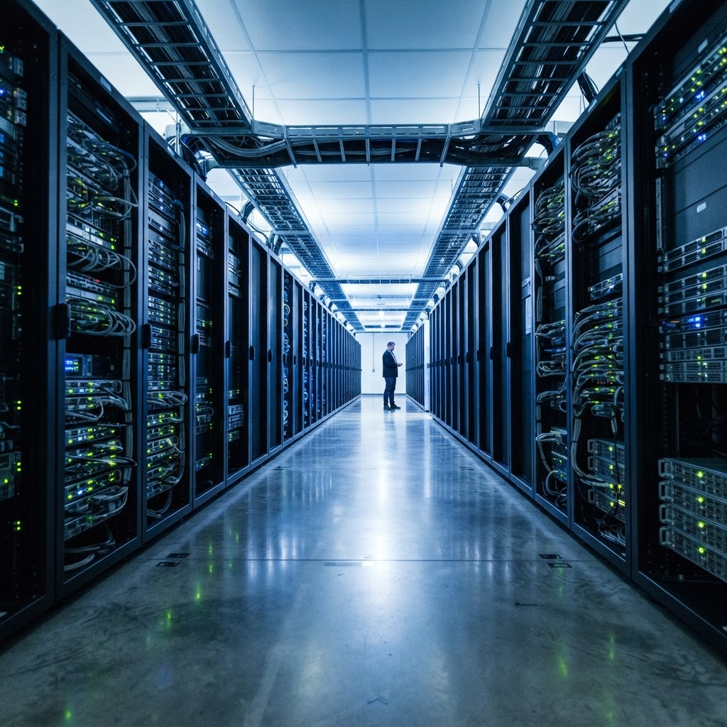 Modern server room infrastructure hallway