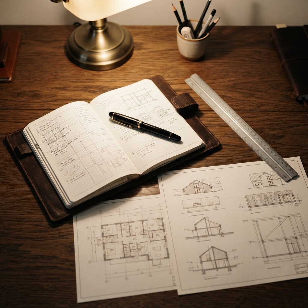 Planning tools and technical sketches on an office desk