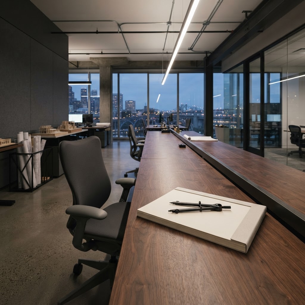 Empty professional office space with drafting tools on table