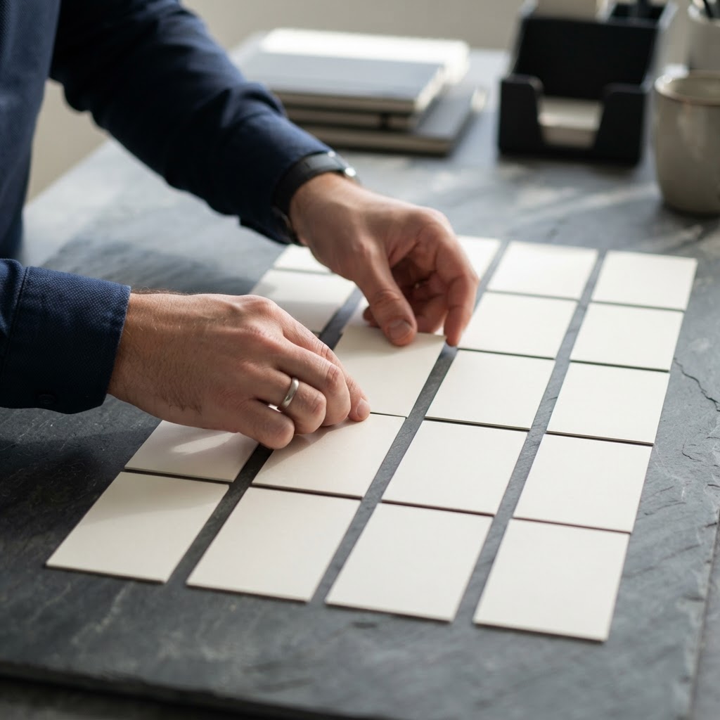 Hands organizing blank industrial index cards on gray stone