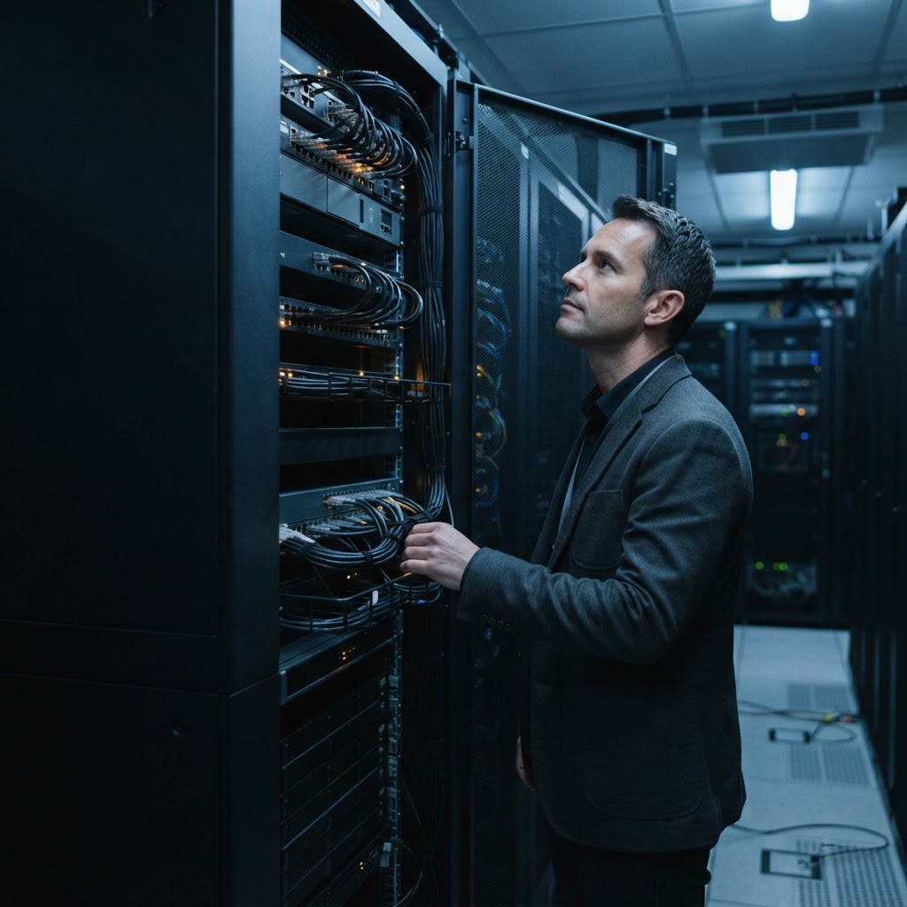 Professional technician inspecting clean server rack infrastructure