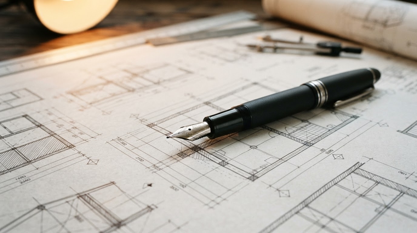 Fountain pen resting on a technical architectural blueprint
