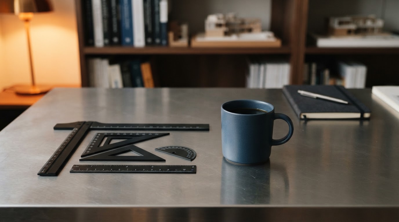 Minimalist desk setup with ceramic mug and drafting tools