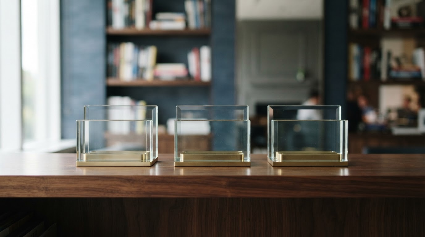 Organized glass office accessories on a wooden shelf