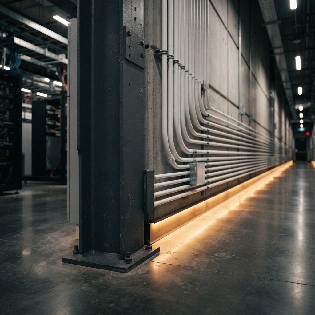 Architectural view of industrial conduits and floor lighting