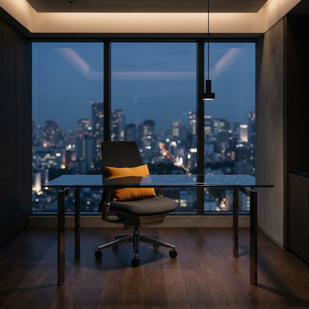 Minimalist office chair and desk in a quiet room