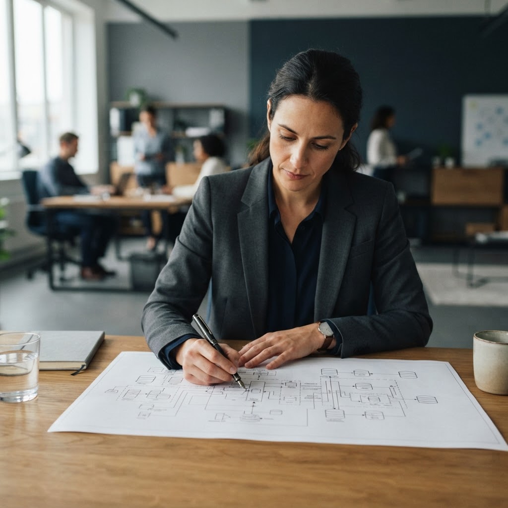 A data architect planning technical infrastructure on paper