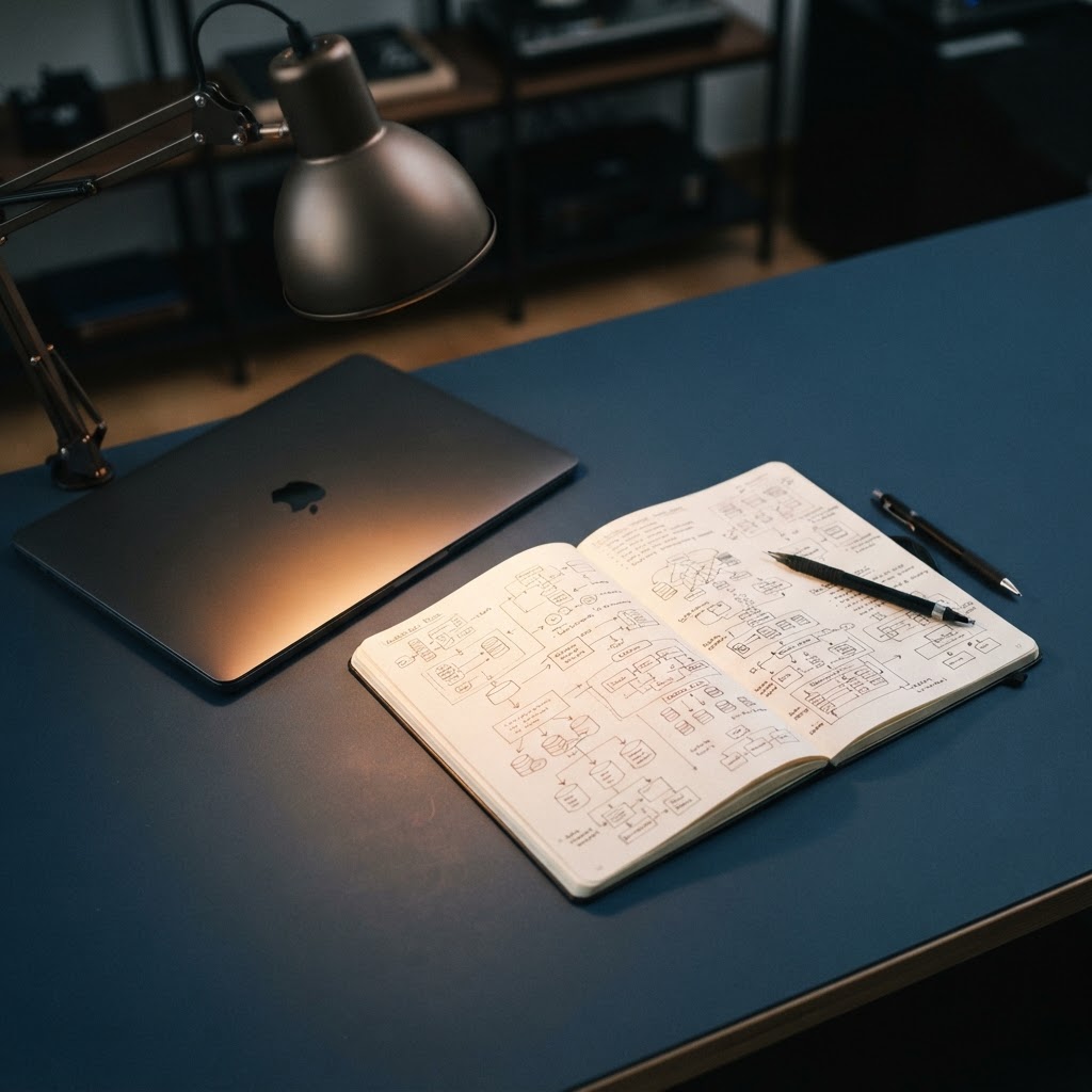 Close up of technical notes and organized workspace