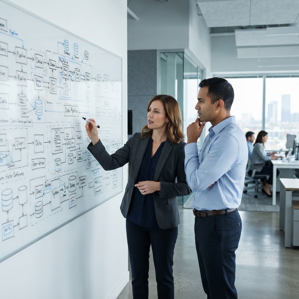 Two engineers collaborating on data architecture at a whiteboard