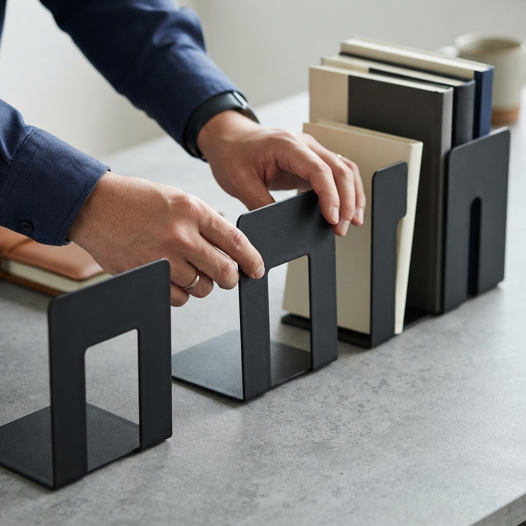 Hands adjusting matte black bookends on a gray desk