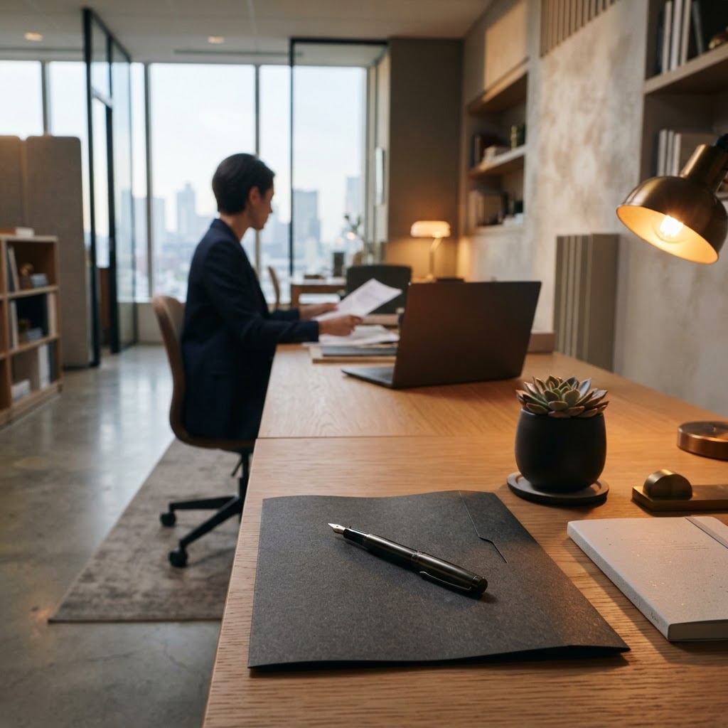 Professional quiet office workspace with closed laptop