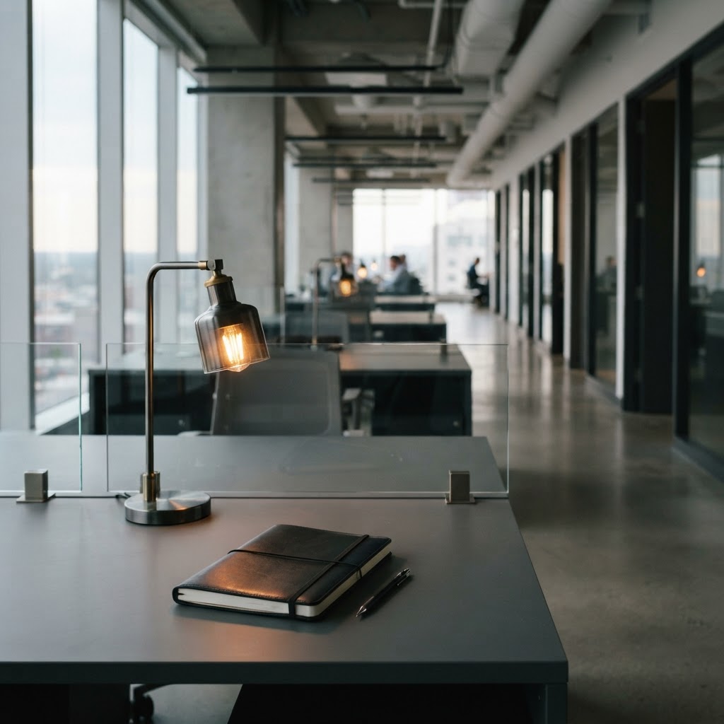 Clean minimalist engineering office interior with desk lamp