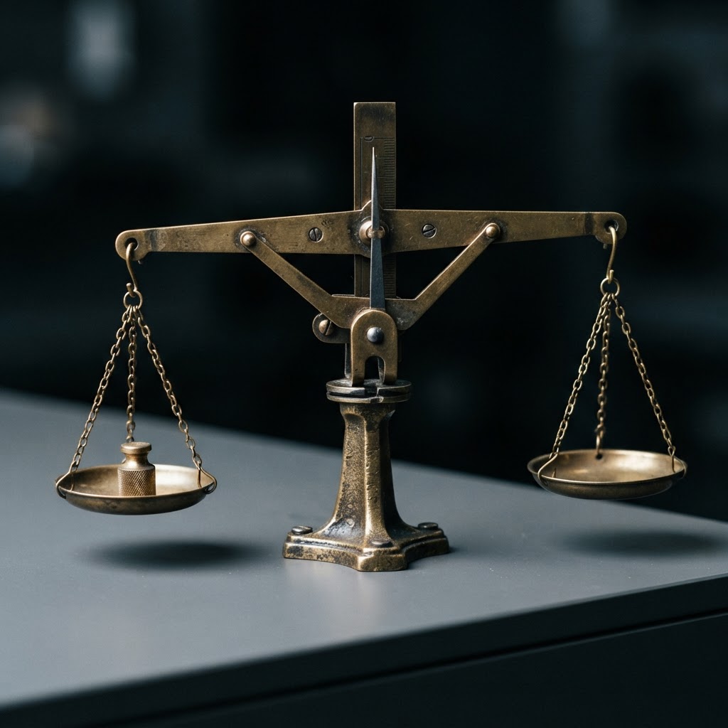 Close up of a precision brass balance scale on a gray desk