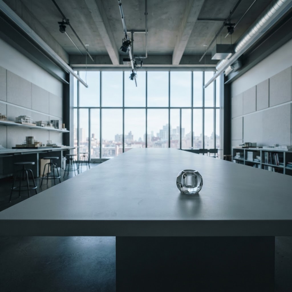 Wide angle shot of a minimalist engineering studio room