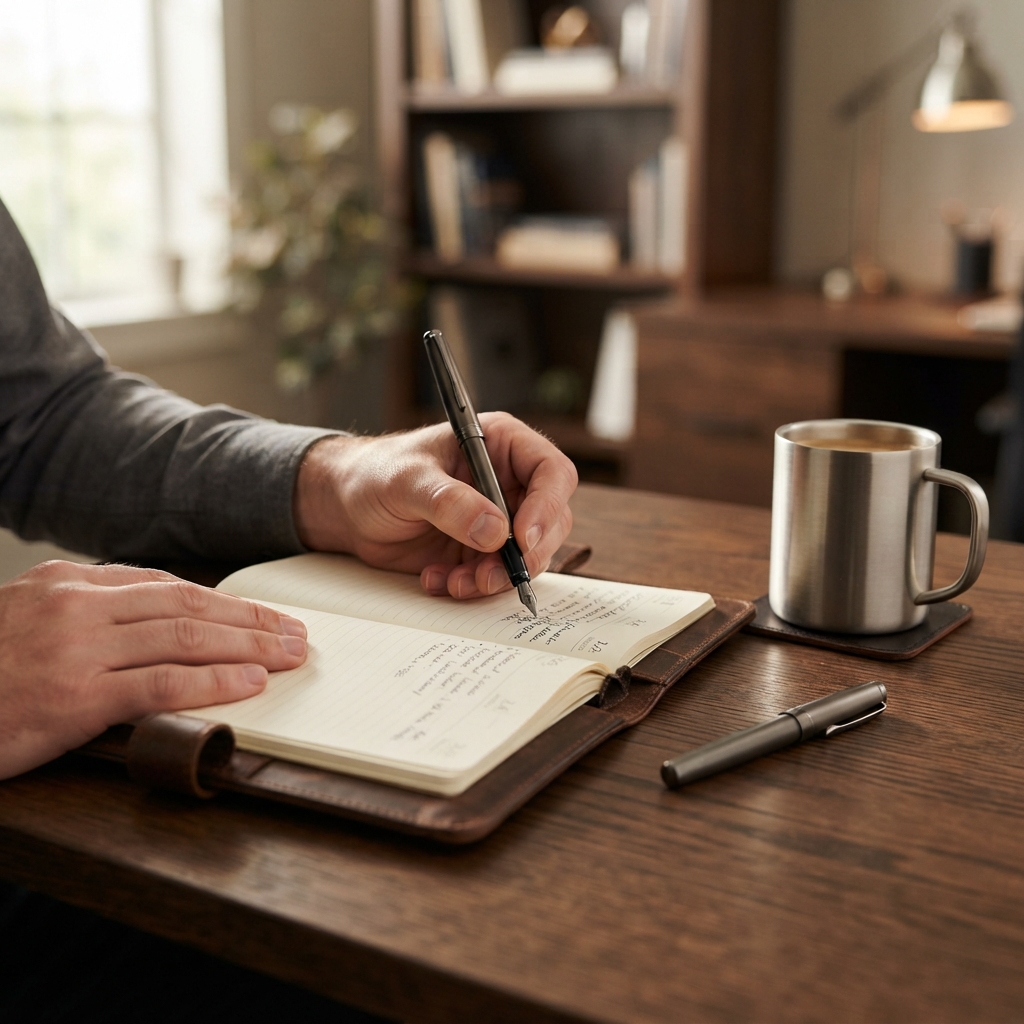 Writing in a planner at a desk
