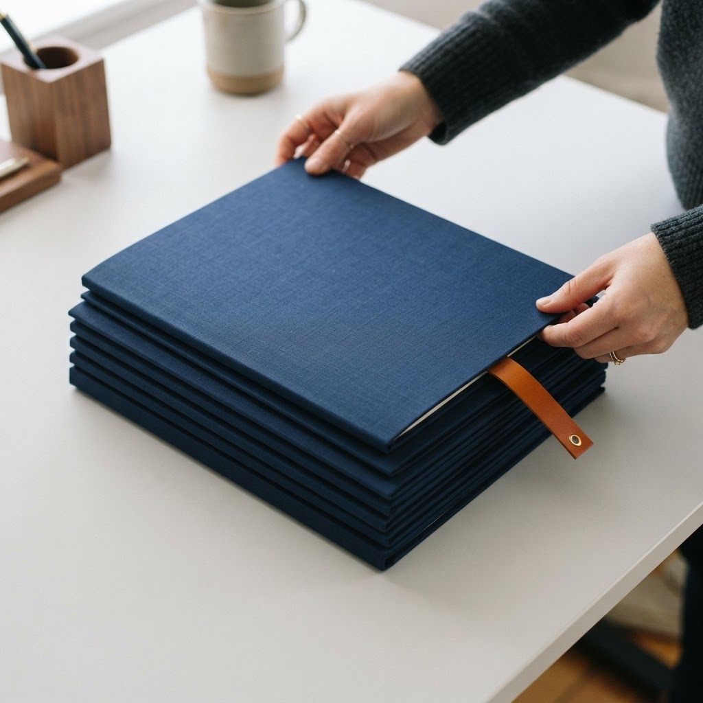 Hands stacking professional document folders with precision