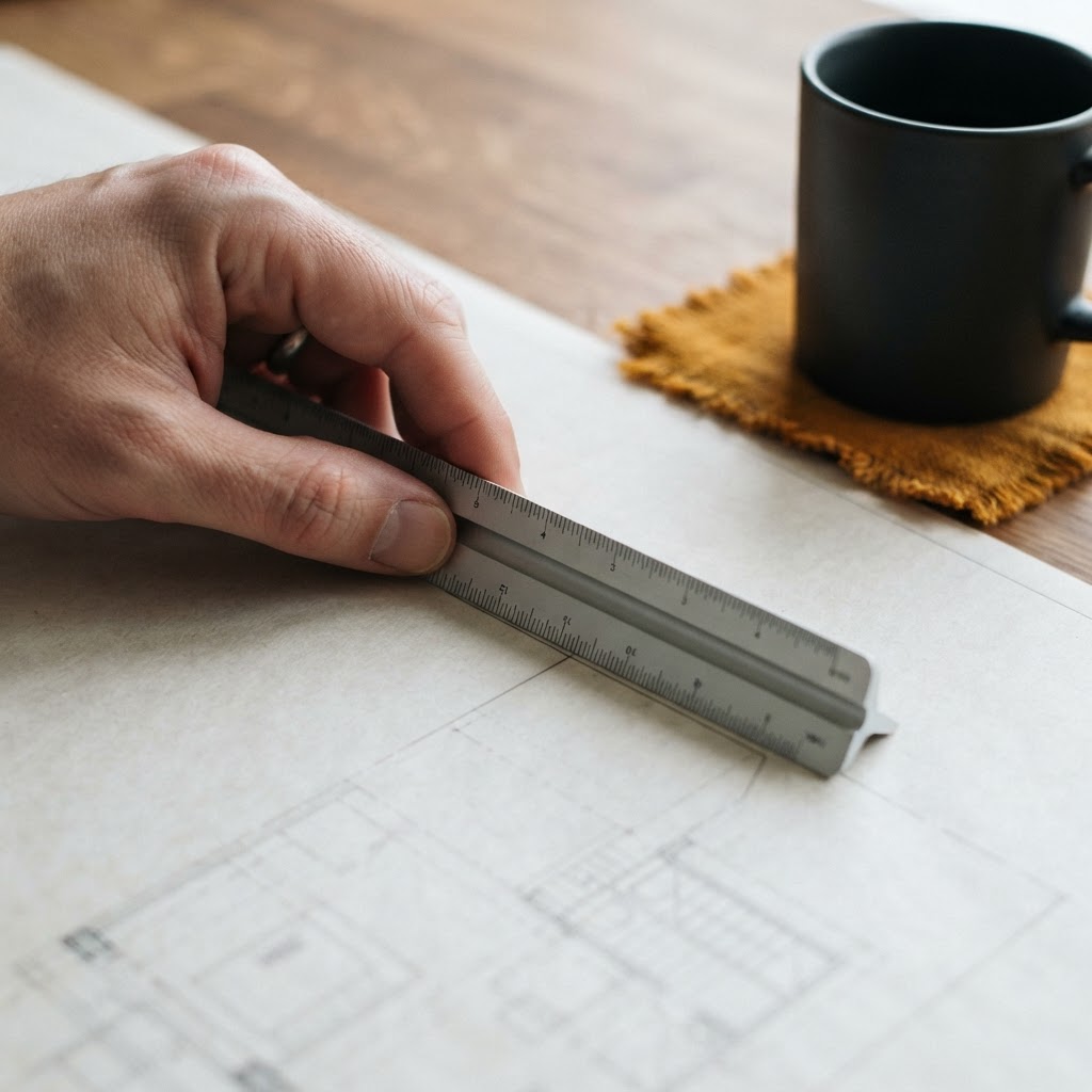 Hands using a metal ruler on professional vellum paper