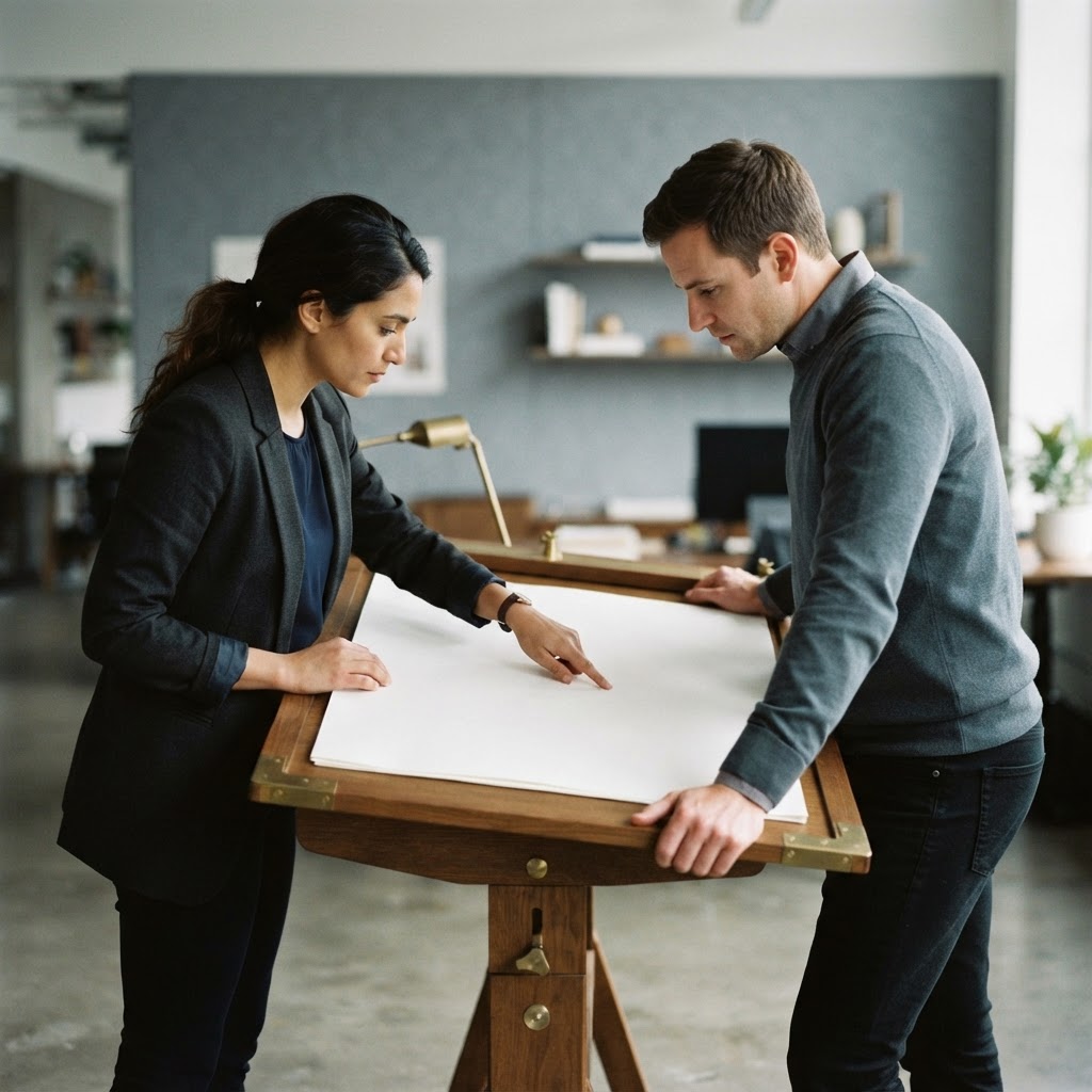 Two professionals collaborating in a clean office environment