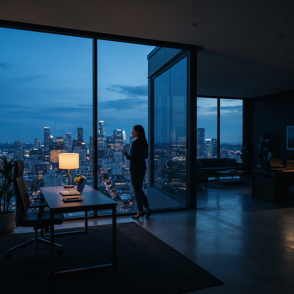 Professional looking out of a window at dusk