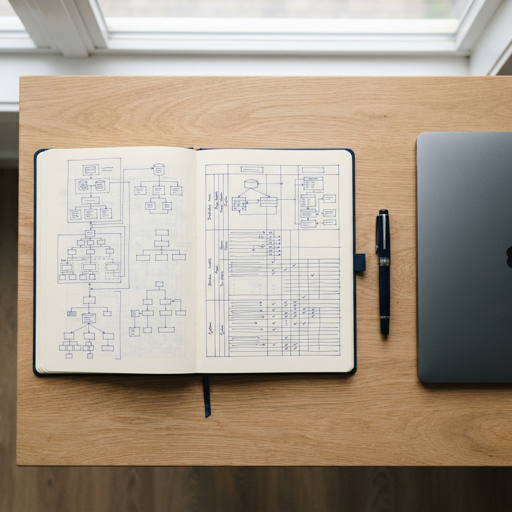 Organized desk with notebooks and structured naming plans