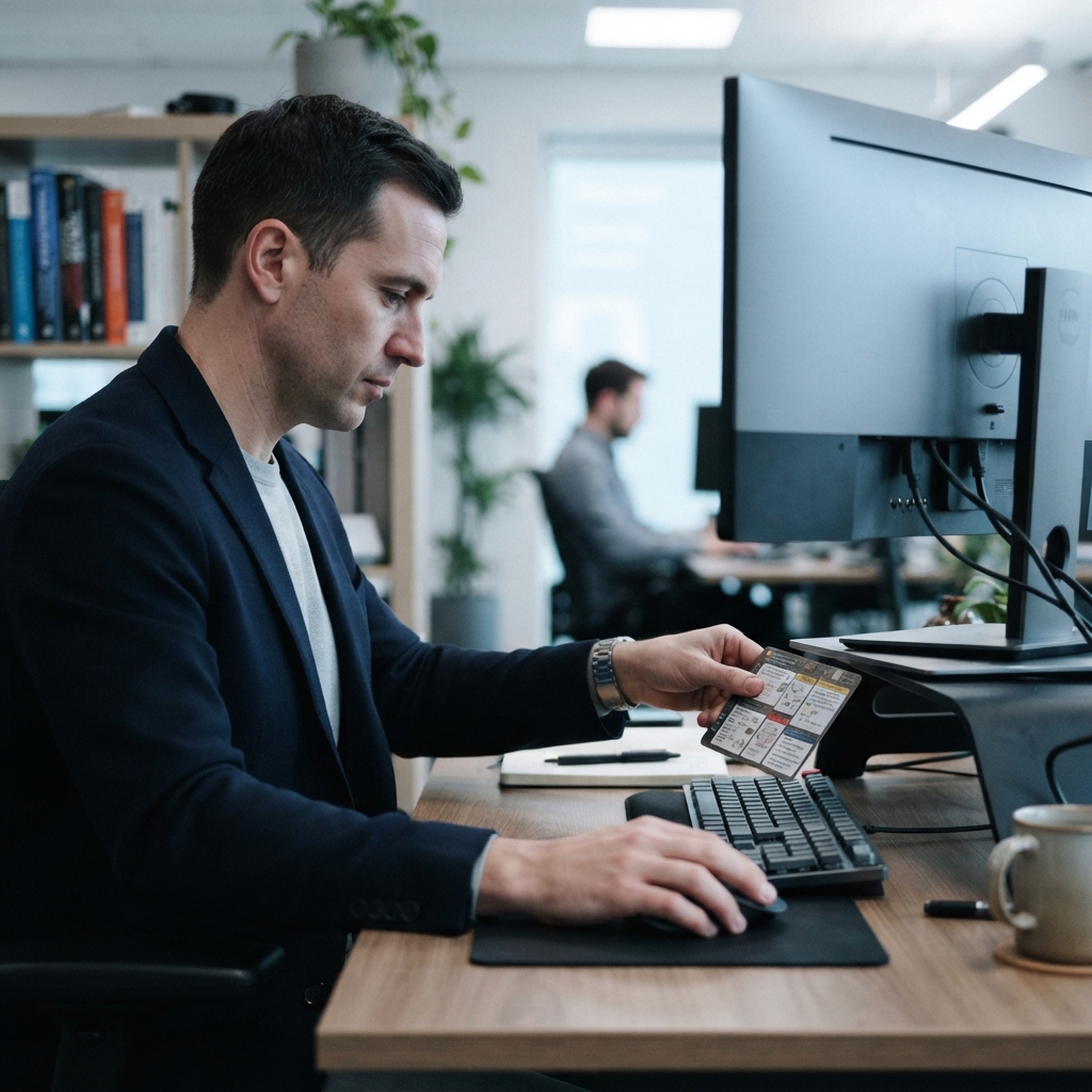 Professional working at a clean, structured workspace