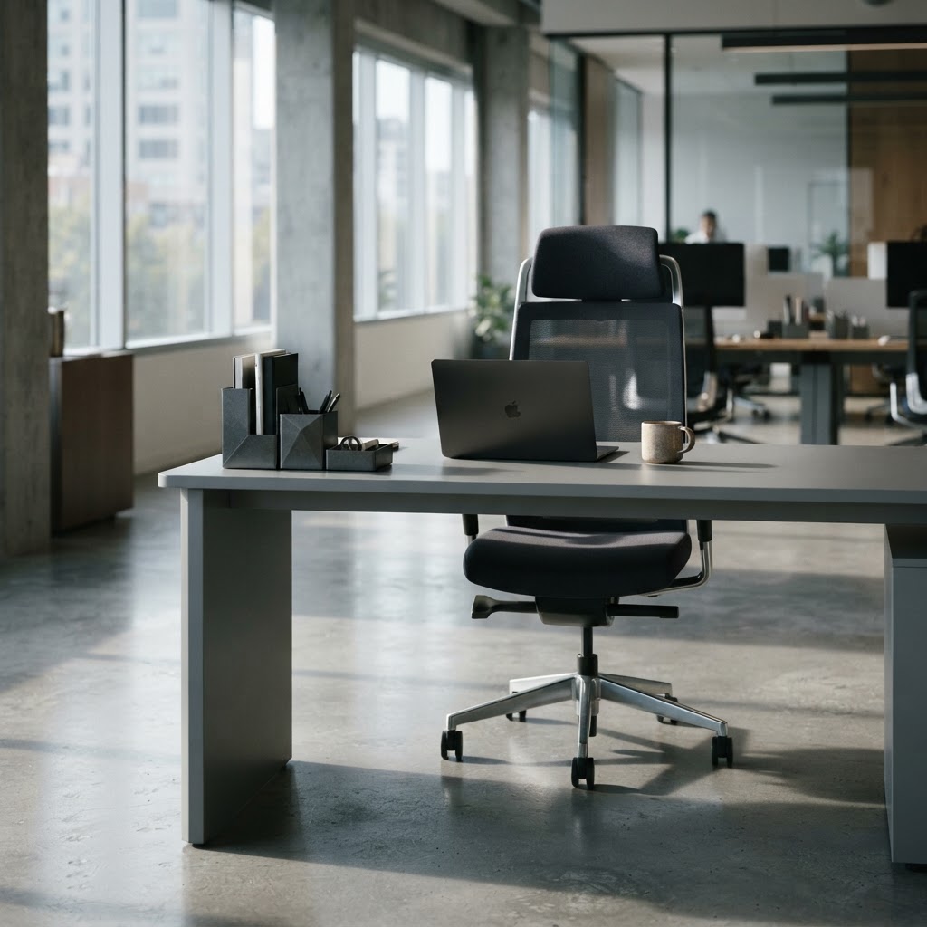 A minimalist office setup with a closed laptop