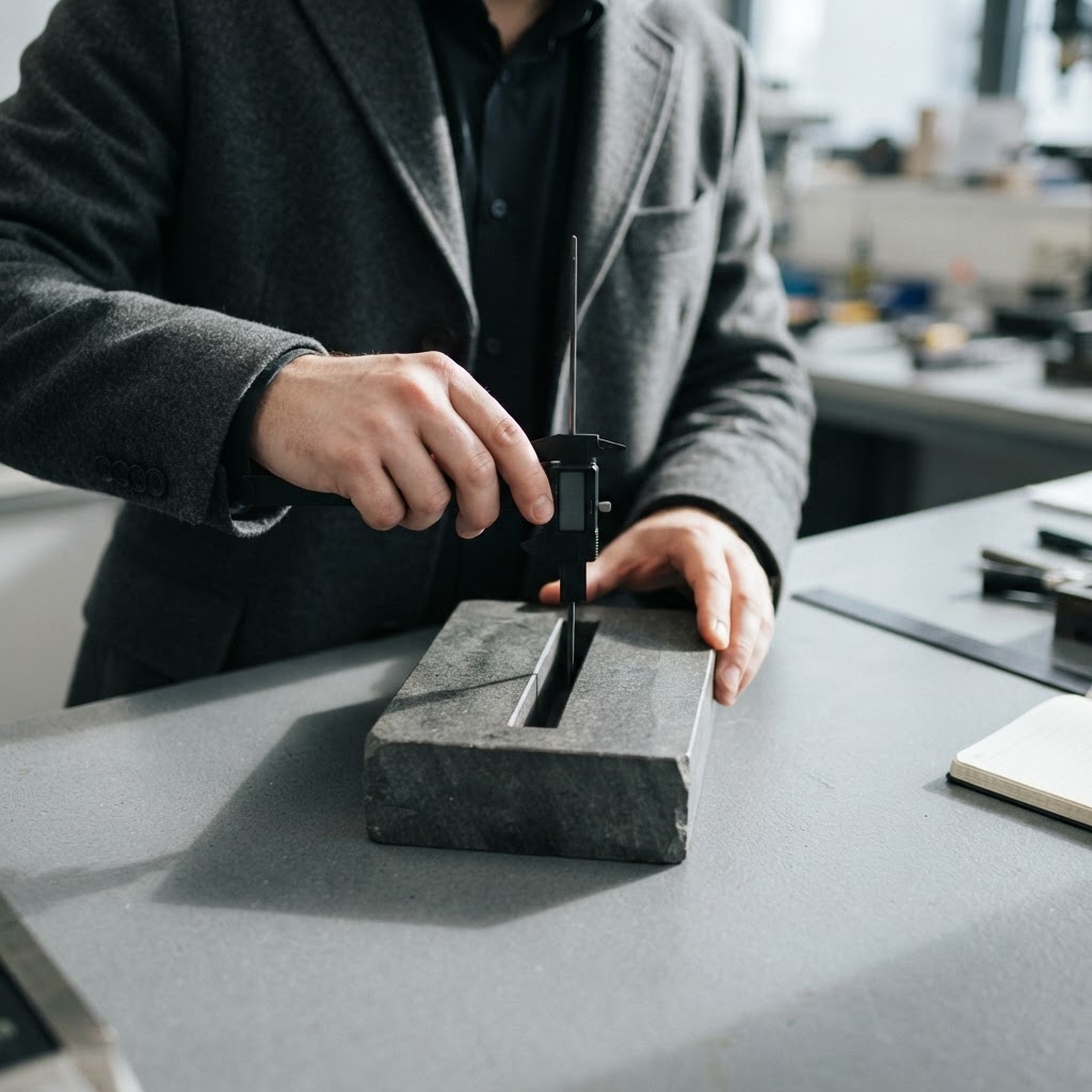Hands using precision calipers on a stone block