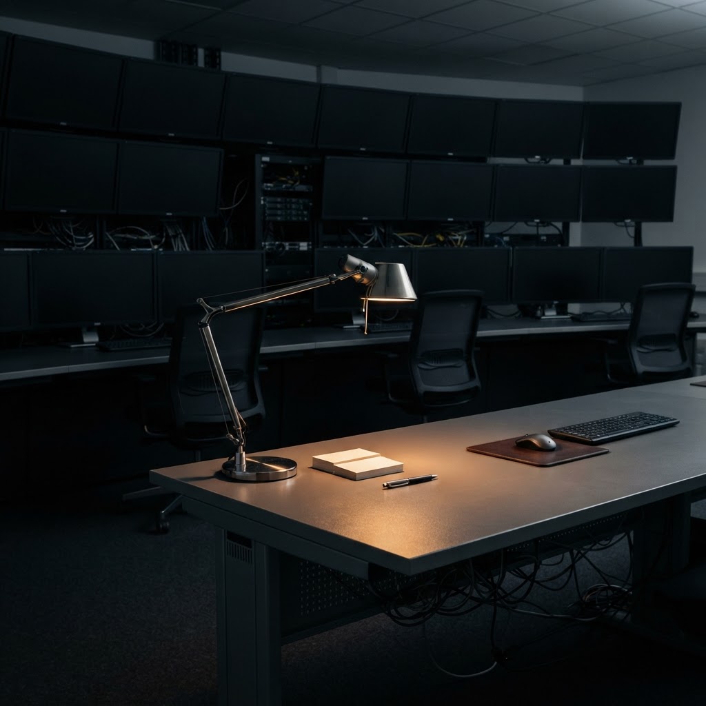Quiet logistics control room with warm desk lamp