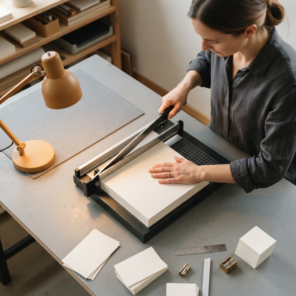 Hands using a professional manual paper cutter on cardstock