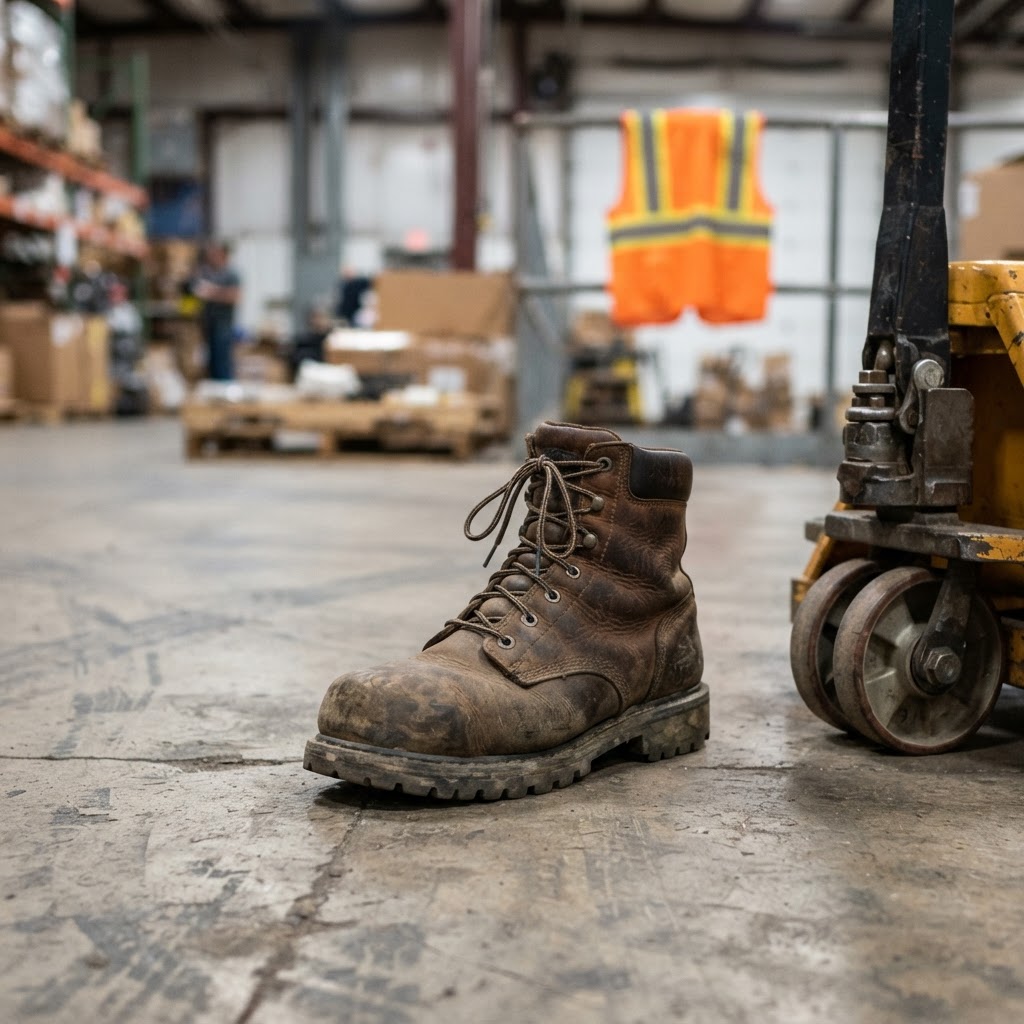 Industrial warehouse equipment and steel toe boot