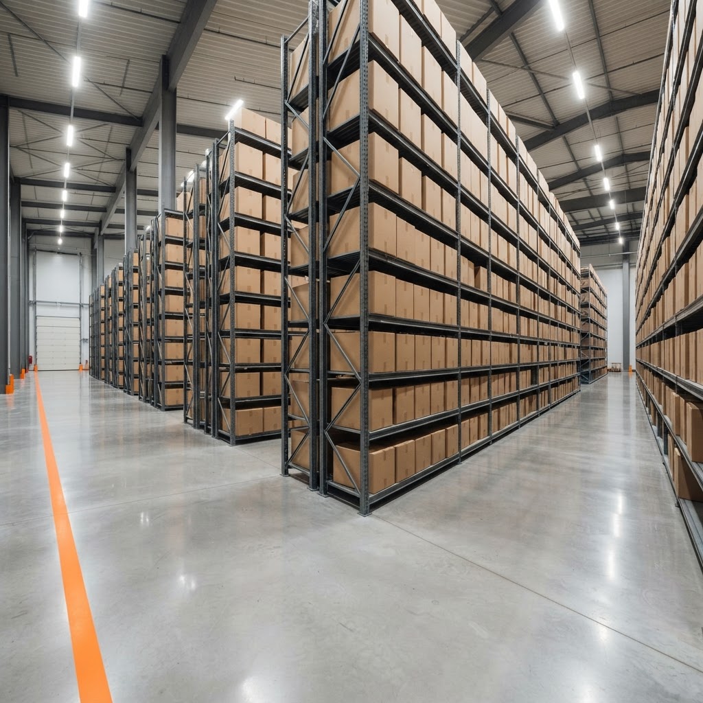 Industrial warehouse shelves with neatly stacked shipping cartons