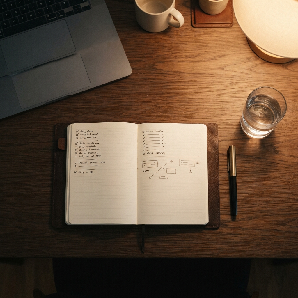 Minimalist desk space with notebook and pen