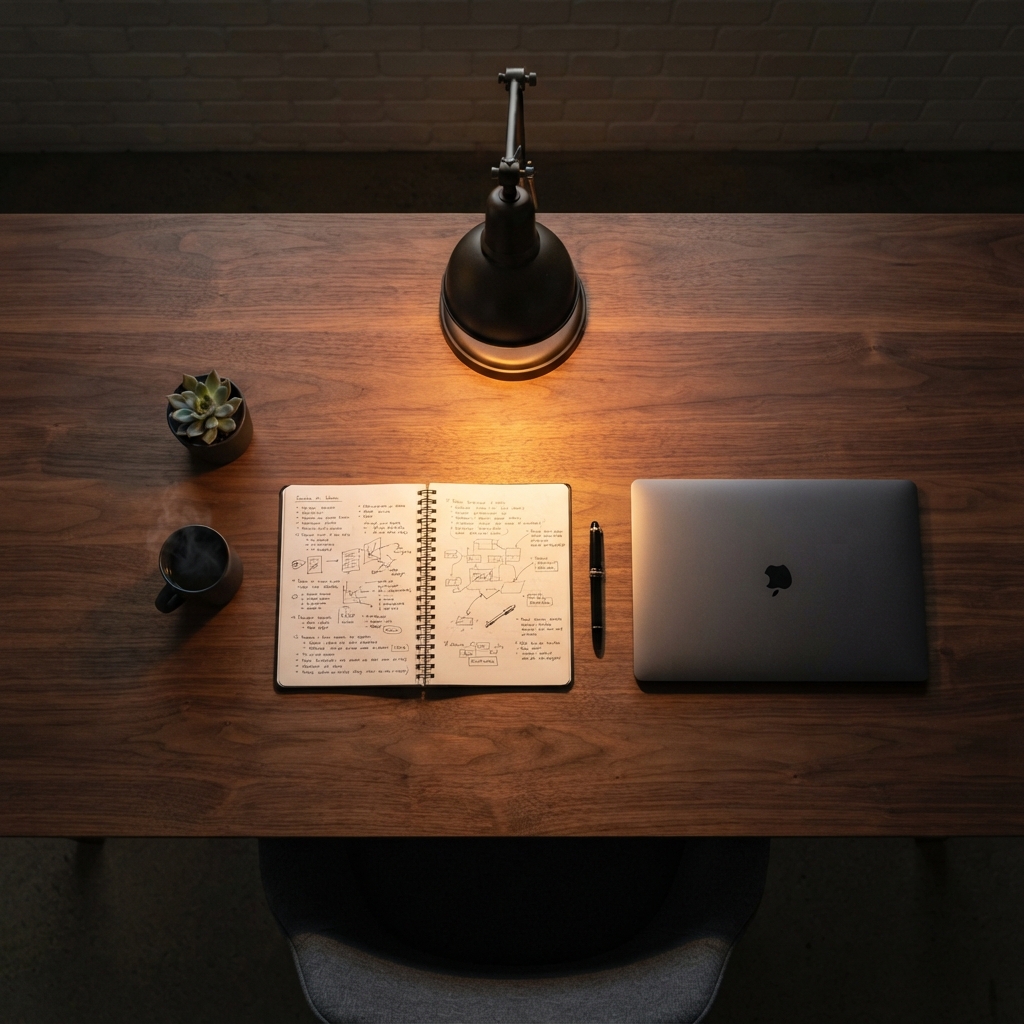 Overhead view of an organized workstation with focused desk lighting