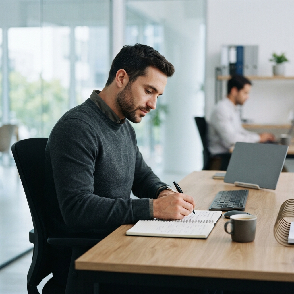 Professional engineer working on technical documentation in a modern office