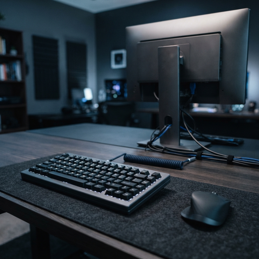 Close up of a developer desk with a desktop monitor from behind