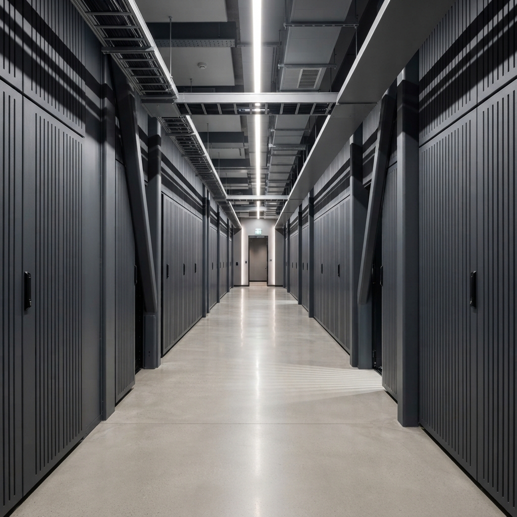 Modern server room hallway with clean architectural lines